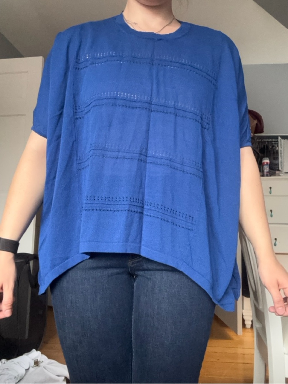 Boxy Eyelet Knit Blouse in Royal Blue